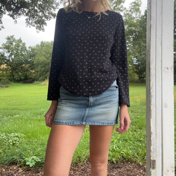 Unbranded Tops - Women's Y2K Black Long Sleeve Pointelle PJ Top with All-Over White Bow Print